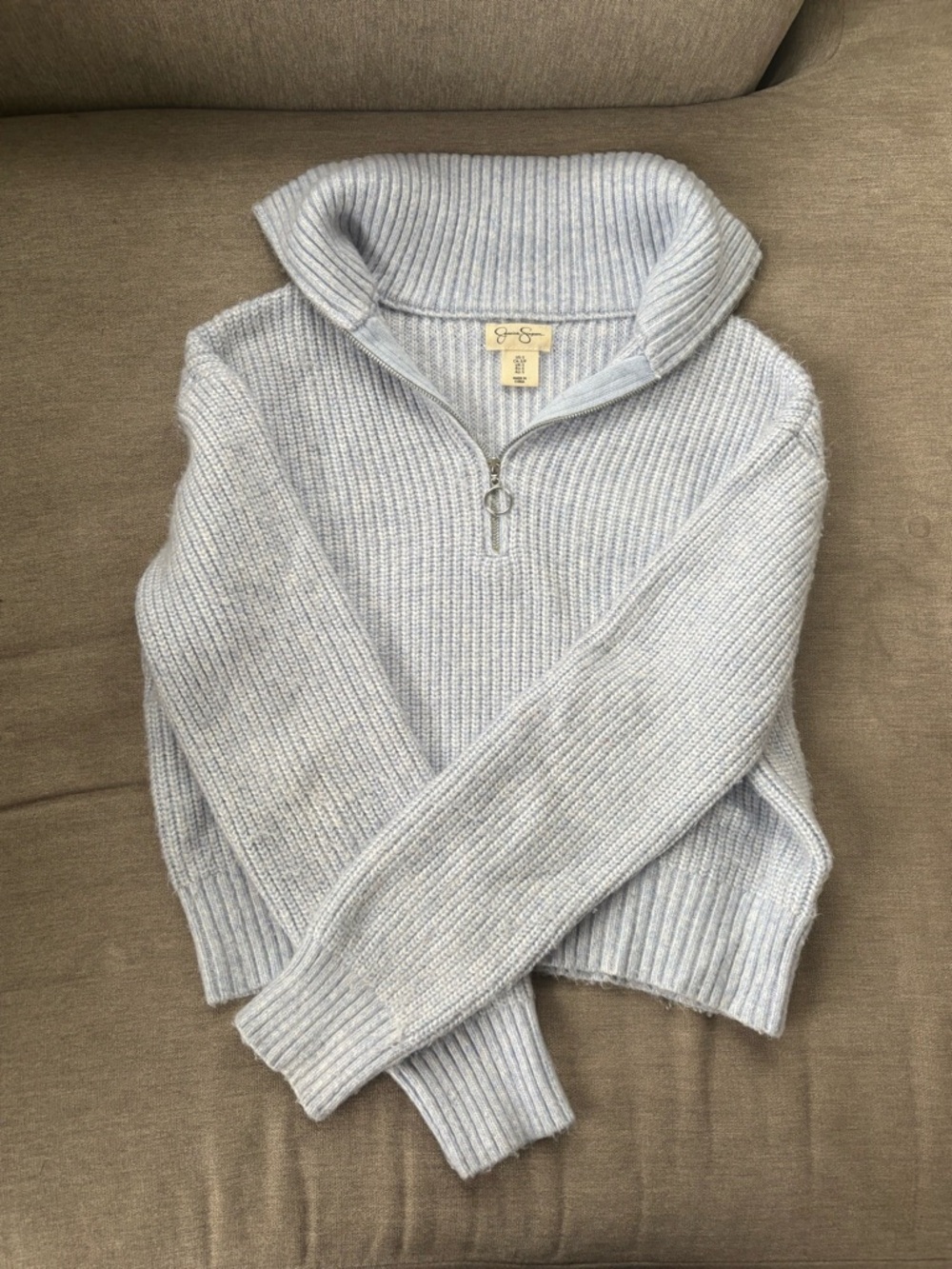 Jessica Simpson Pale Blue Ribbed Half-Zip Cowl Sweater